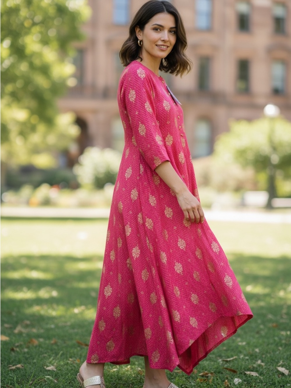 Pink Floral Maxi Dress with Gold Accents - Women